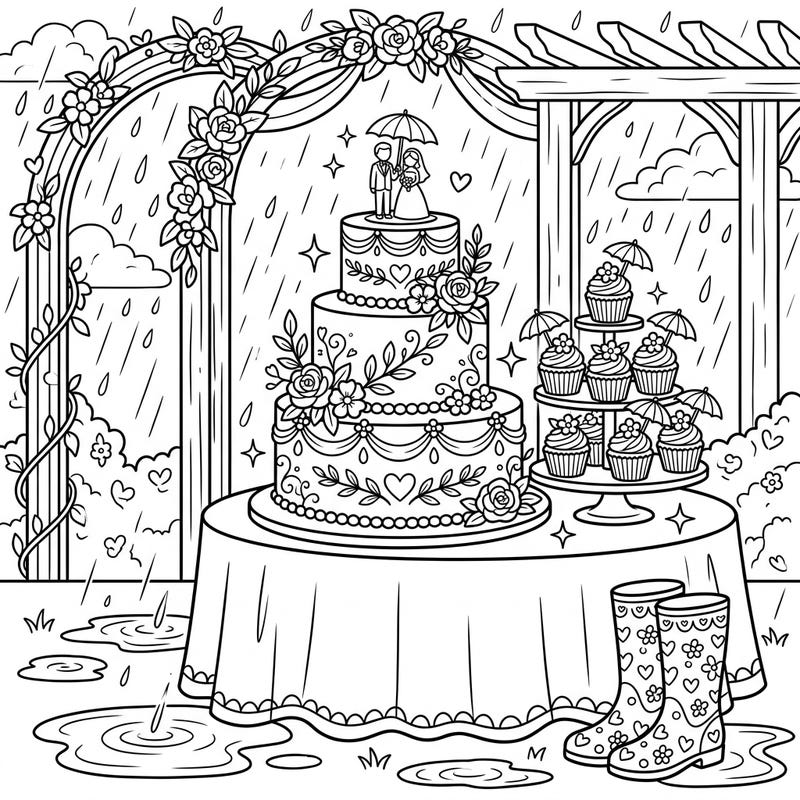 Embrace the unique charm of a wedding day, rain or shine, with this delightful coloring page featuring beautifully adorned wedding cakes. Perfect for anyone who loves romance and a touch of whimsy, it offers a serene coloring experience.