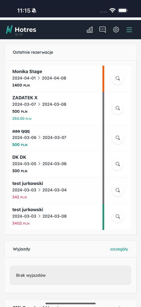 Hotres PMS - Mobile interface of Hotres PMS displaying a list of recent hotel reservations and departure status