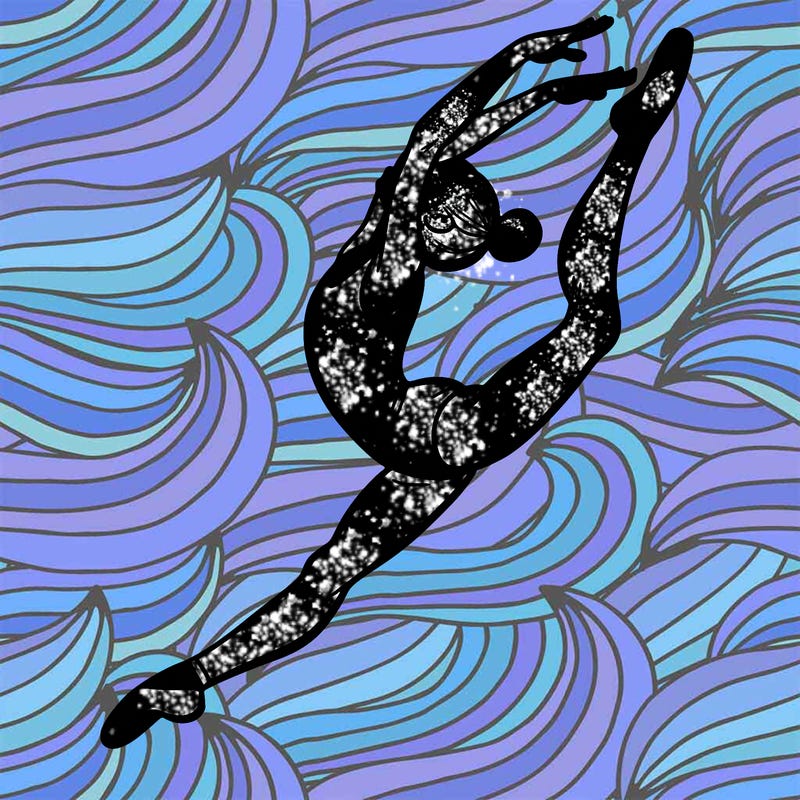 gymnast doing a leap in a leotard with a bent back leg