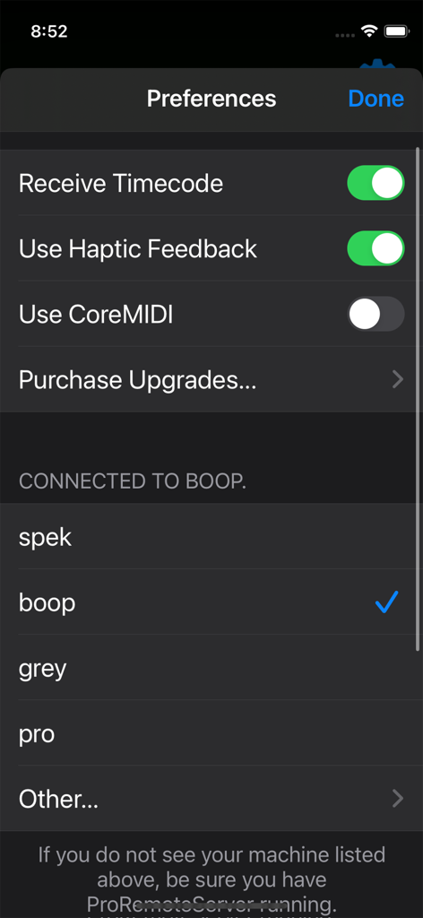 ProTransport - The preferences screen of ProTransport showing settings for timecode and haptic feedback along with a list of available servers.