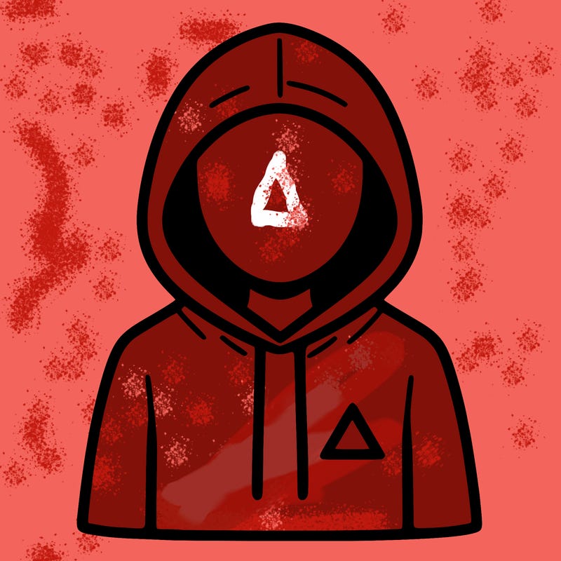 a person with non face waering a hoodie with a small triangle symbol