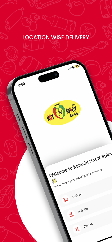 Karachi Hot n Spicy - Karachi Hot n Spicy app welcome screen showing options for delivery, pick-up, and dine-in on an iPhone