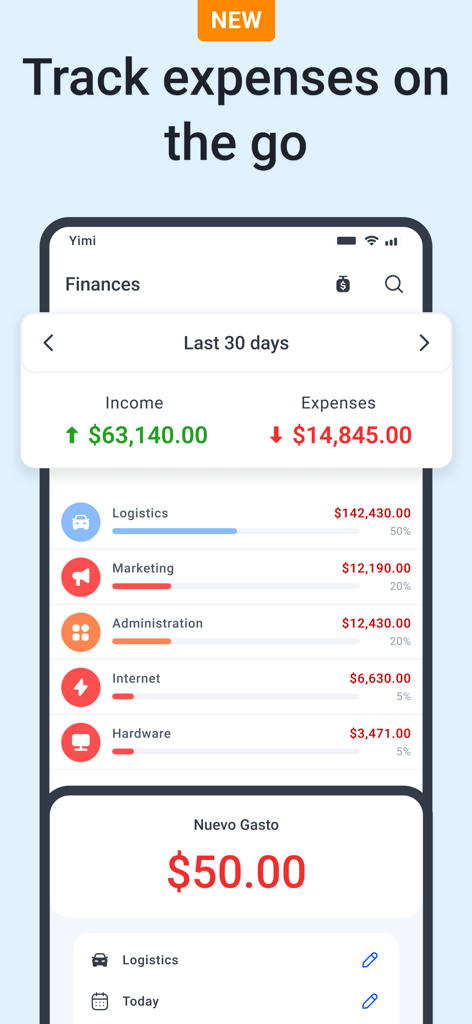 Yimi POS – Sales & Inventory - Yimi POS mobile dashboard showing business income and categorized expense tracking