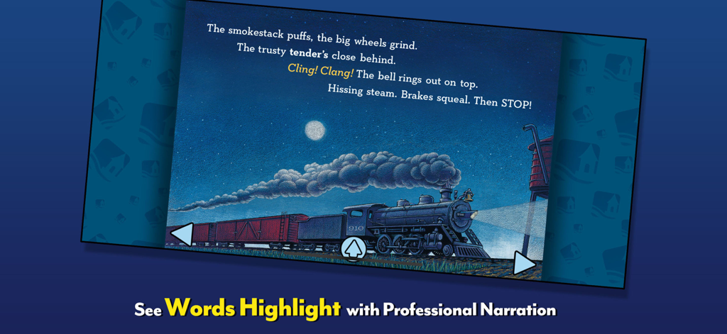 Digitale Buchszene aus Dampflok, Traumlok mit hervorgehobenen Wörtern und einem Zug bei Nacht