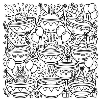 Dive into a delightful birthday celebration with this unique coloring page! Featuring decorative bowls brimming with cakes, balloons, and party hats, it's a festive scene ready for your creative touch.