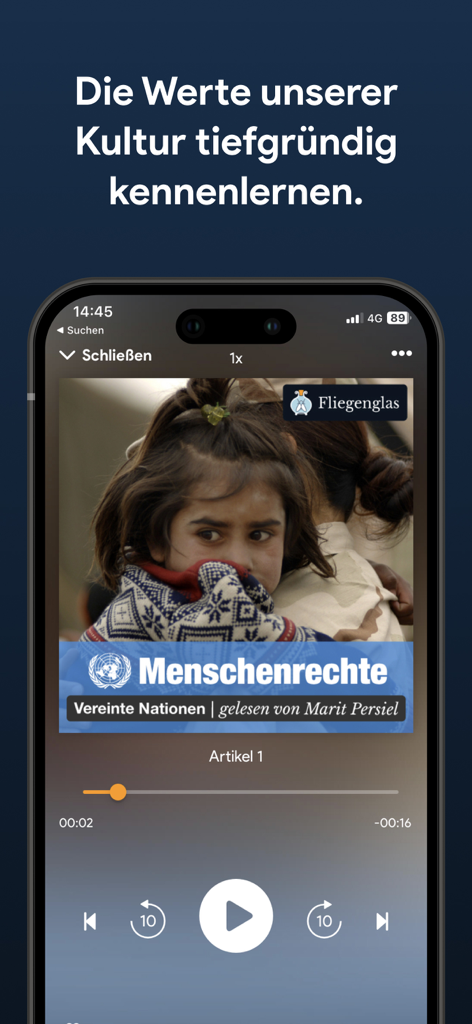 Interface do reprodutor de áudio do aplicativo Fliegenglas reproduzindo um livro sobre direitos humanos das Nações Unidas