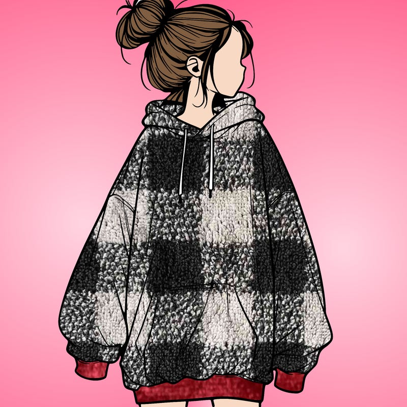 realistic girl with a oversized sweatshirt on and a bun