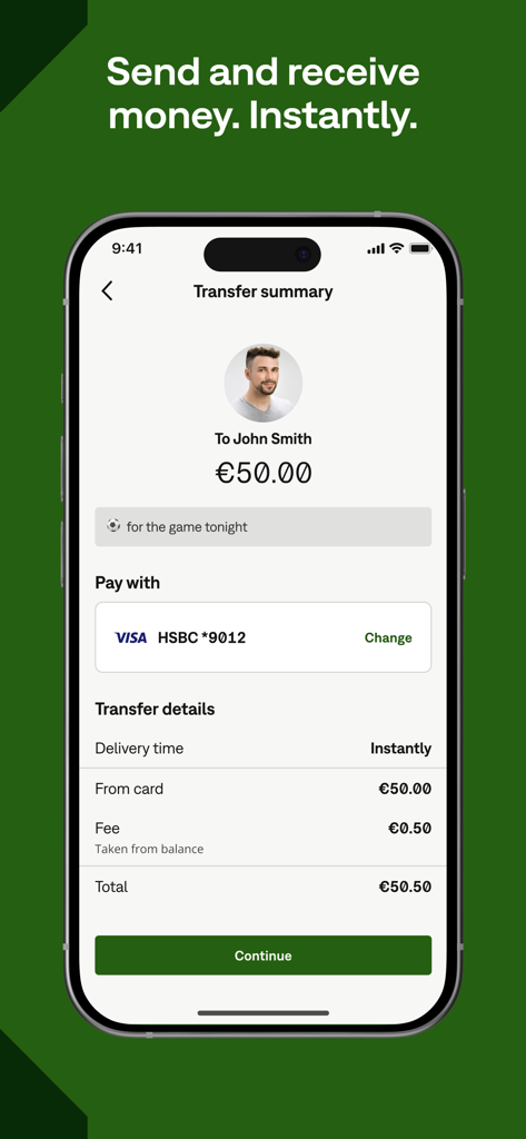 Neteller - Money Transfer - 50ユーロを即座に送金するための送金概要を表示するNetellerモバイルアプリのインターフェース