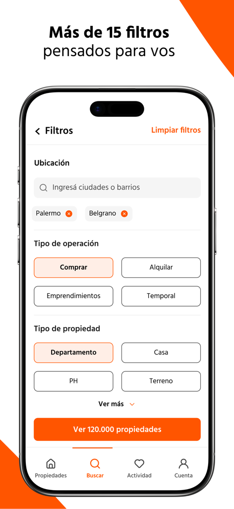 Zonaprop - Zonaprop mobile app screen showing property search filters for location and operation type.