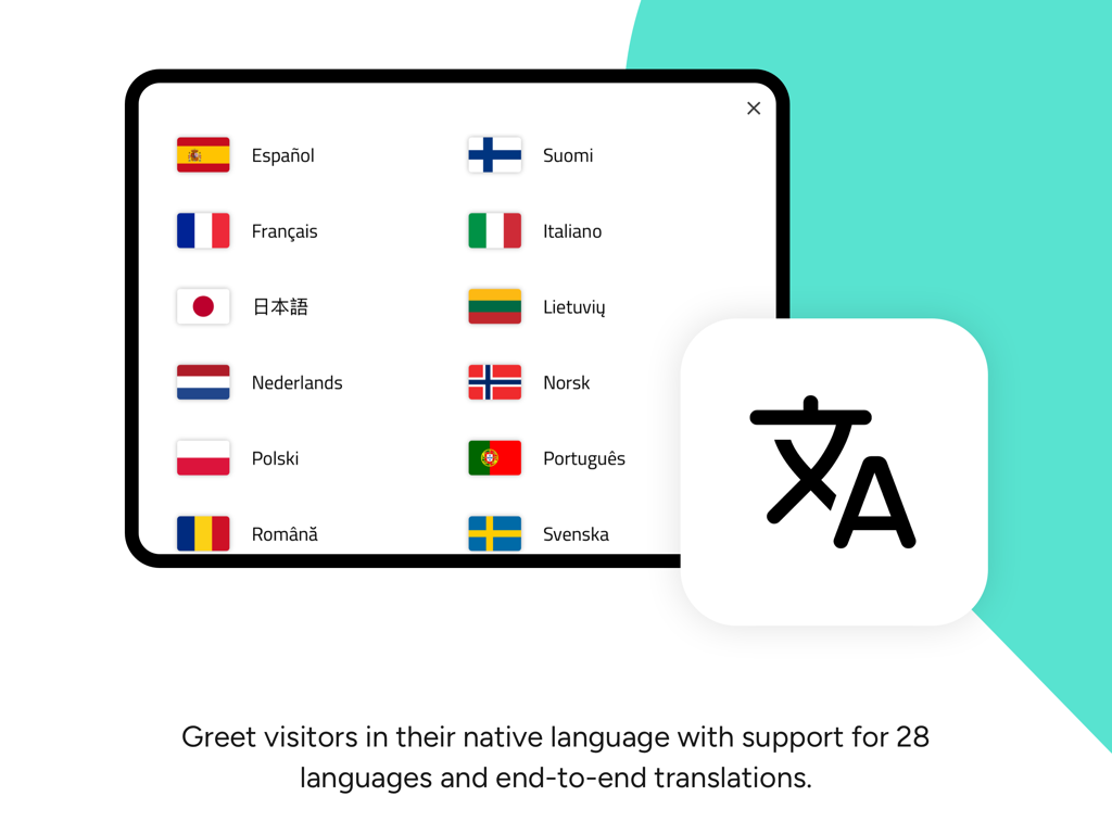 Écran de l'iPad affichant plusieurs options de langue avec des drapeaux pour l'inscription des visiteurs sur l'application d'inscription.