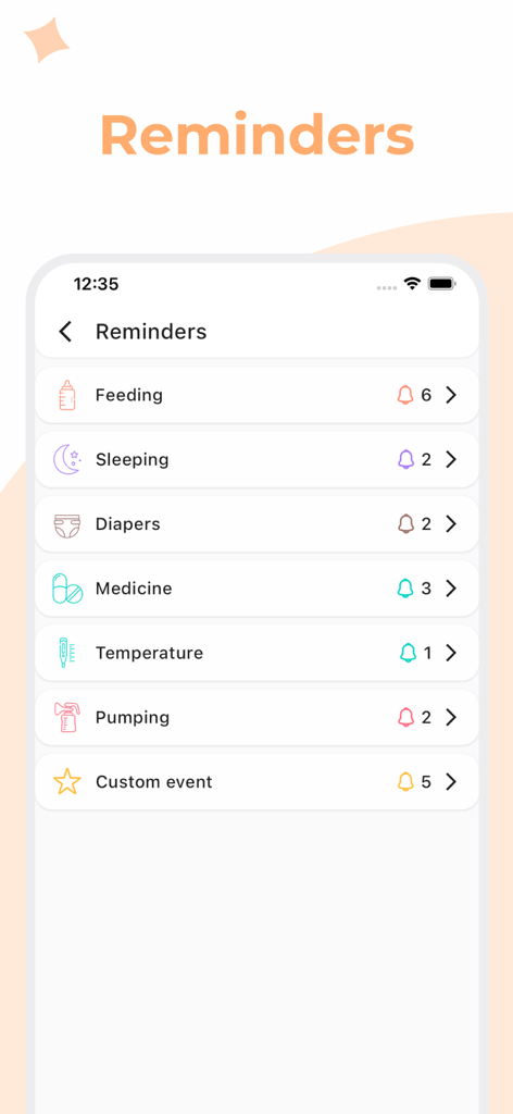 My Tiny: Baby Tracker, Sleep - Pantalla de recordatorios de la aplicación My Tiny que muestra categorías para tomas, sueño, pañales y registro de salud