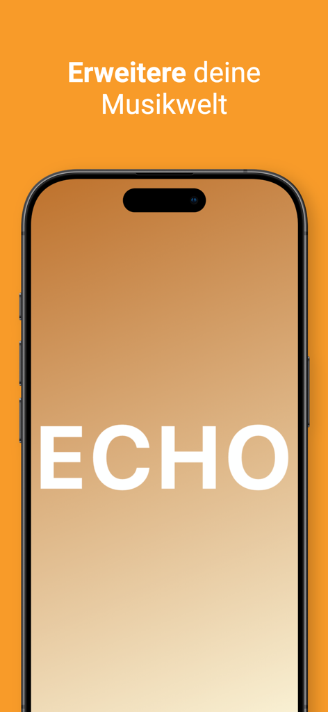 Echo Music app splash screen on a smartphone featuring the logo and German text Erweitere deine Musikwelt on an orange background