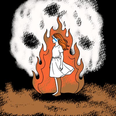 there is a fire but it's not so big but it's big but not too much and there is a girl standing in the middle