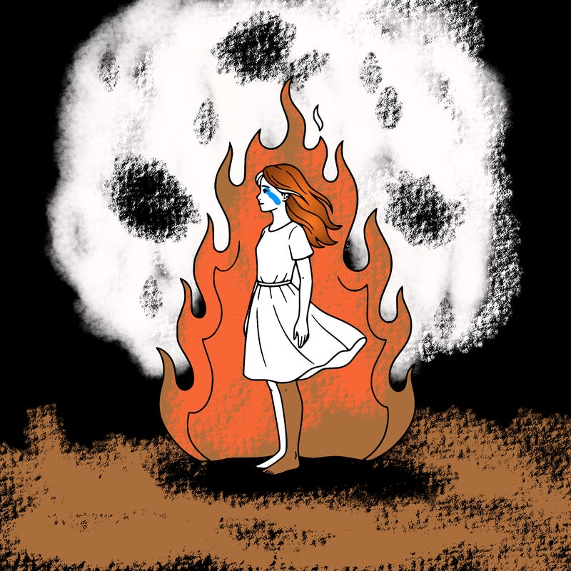 there is a fire but it's not so big but it's big but not too much and there is a girl standing in the middle