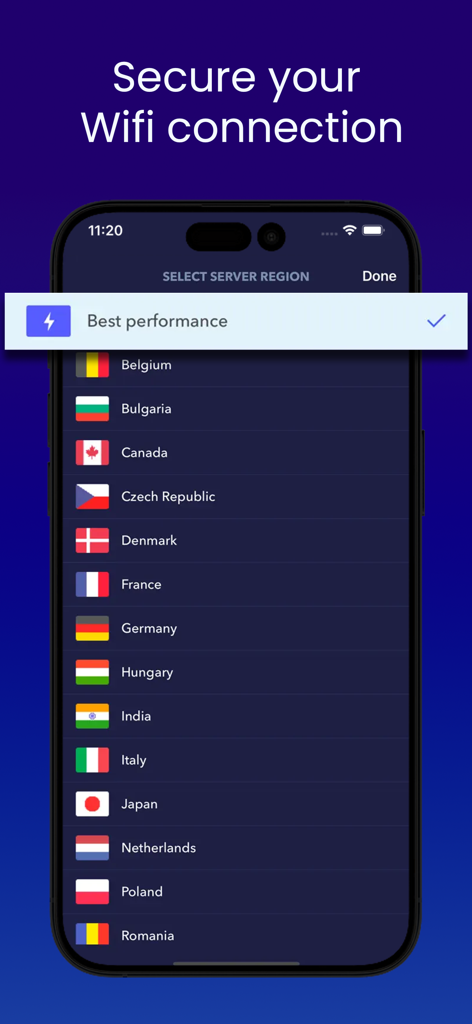 Psiphon VPN app interface on an iPhone displaying a list of global server regions to secure a Wi-Fi connection.