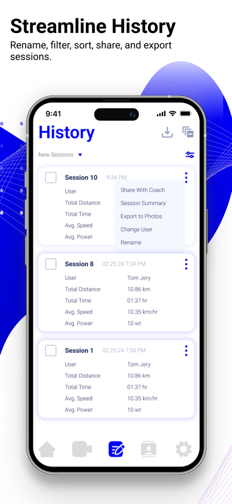 Pantalla de historial de entrenamiento de la aplicación AiKYNETIX que muestra datos de sesión registrados y métricas de rendimiento