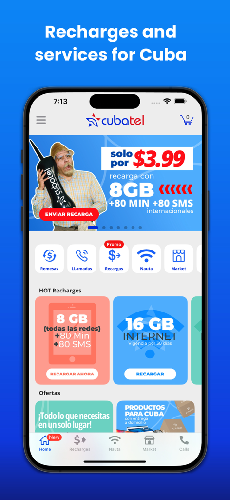 Cubatel mobile app home screen showing recharge and service options for Cuba