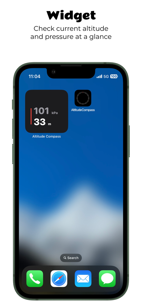 Altitude Compass - Altitude Compass app widget on an iPhone home screen displaying current altitude and atmospheric pressure