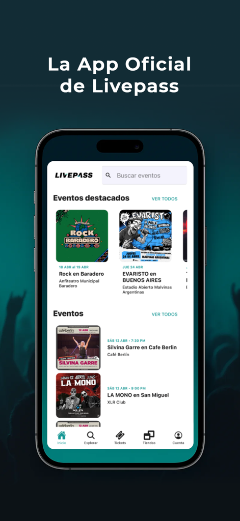 Interfaccia dell'app ufficiale Livepass Argentina che mostra concerti ed eventi dal vivo in primo piano su un telefono cellulare.
