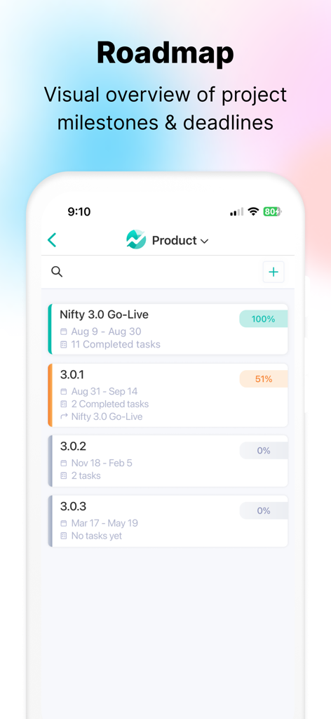 Nifty: Manage Projects & Tasks - Nifty project management app showing a visual roadmap with milestones and progress bars