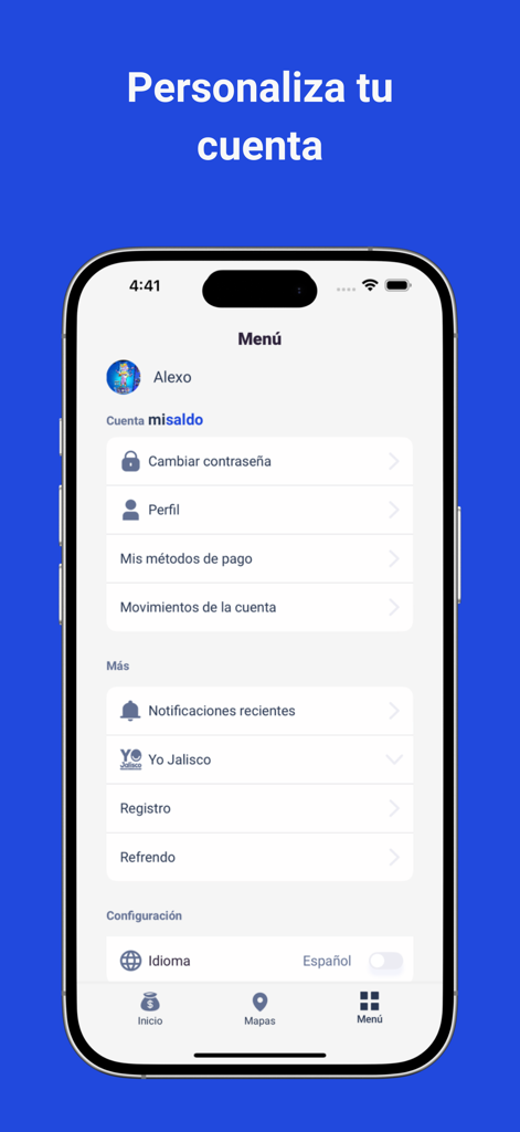 Mi Saldo - Account menu screen of the Mi Saldo app showing options for profile, payment methods, account movements, and language settings.