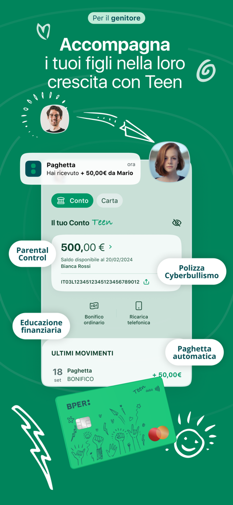 BPER Smart Banking mobile app interface showing teen account management features for parents