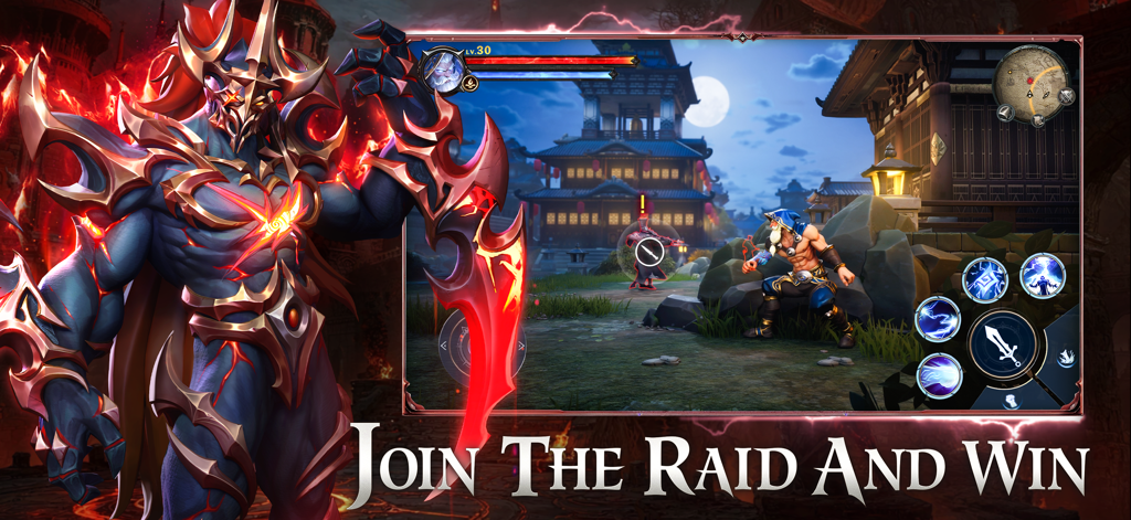 Ace Alliance: Realm of Heroes - A powerful 3D fantasy champion standing next to a tactical raid battle scene in Ace Alliance Realm of Heroes.