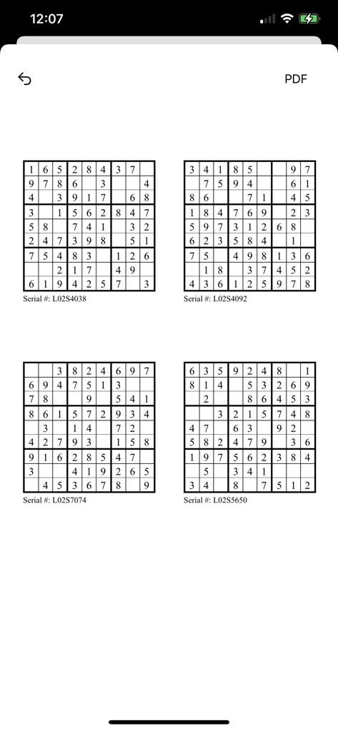 PDF preview of four printable Sudoku puzzles with unique serial numbers