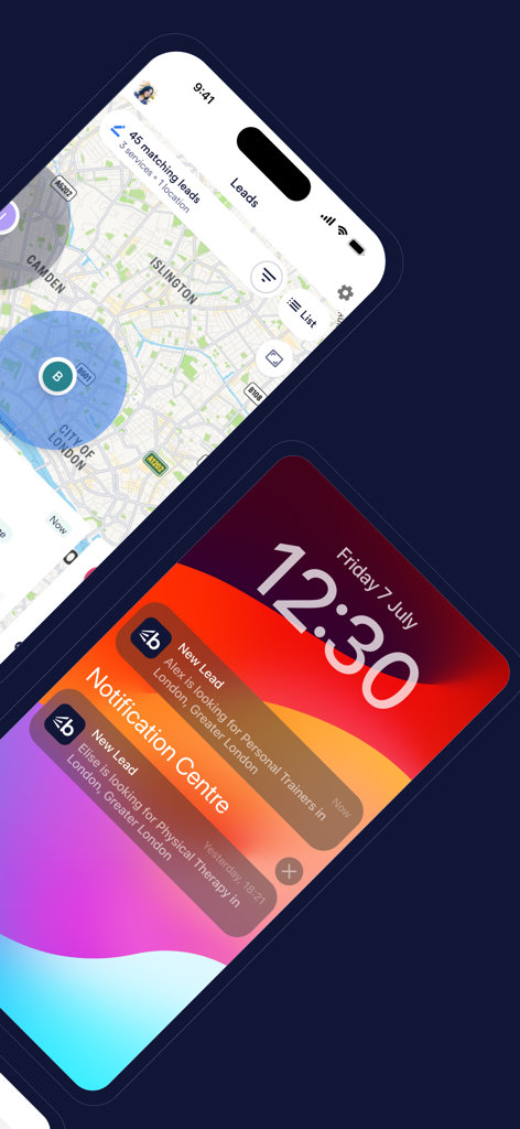 A map showing local business leads and mobile notifications for new service requests on the Bark for Professionals app.