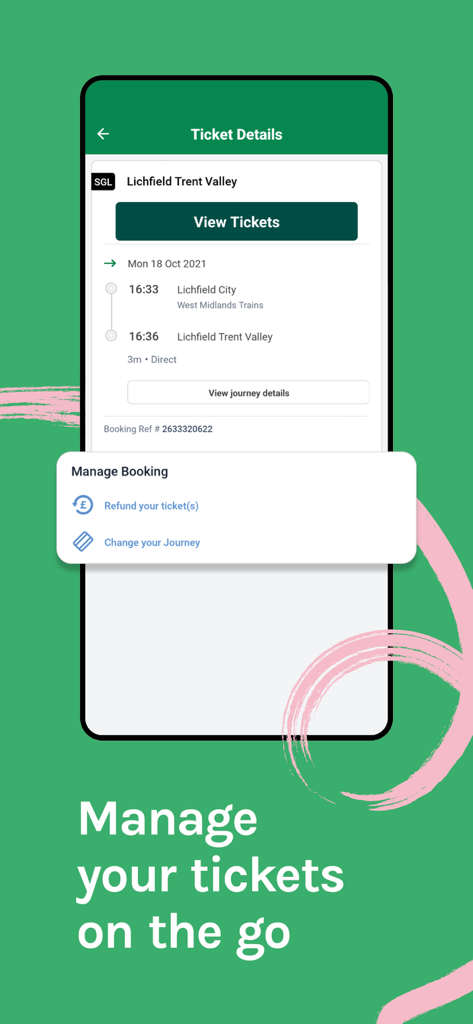 Mobile Ansicht der LNR-App, die Optionen zur Verwaltung von Zugbuchungen und zur Anzeige von Ticketdetails anzeigt