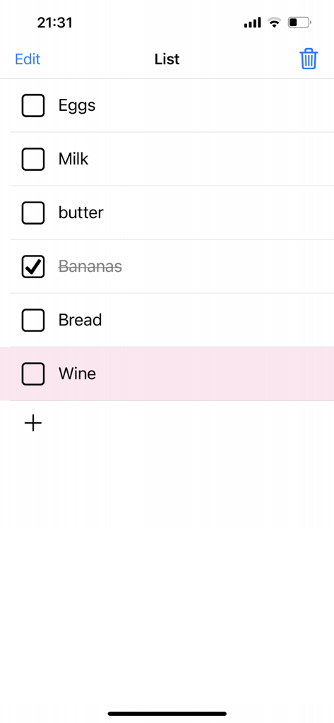 卵、牛乳、パンなどのアイテムが含まれる食料品リストを表示するミニマリストなToDoリストアプリのインターフェース