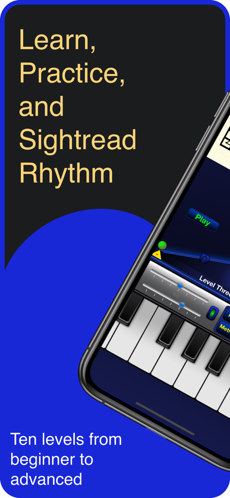 Rhythm Trainer by Rhythmicity - rhythm trainer app interface showing piano keyboard and music practice features for sightreading and rhythm training