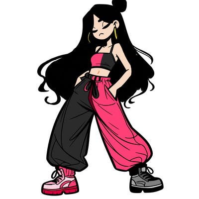 girl in baggy pants crop top and long hair