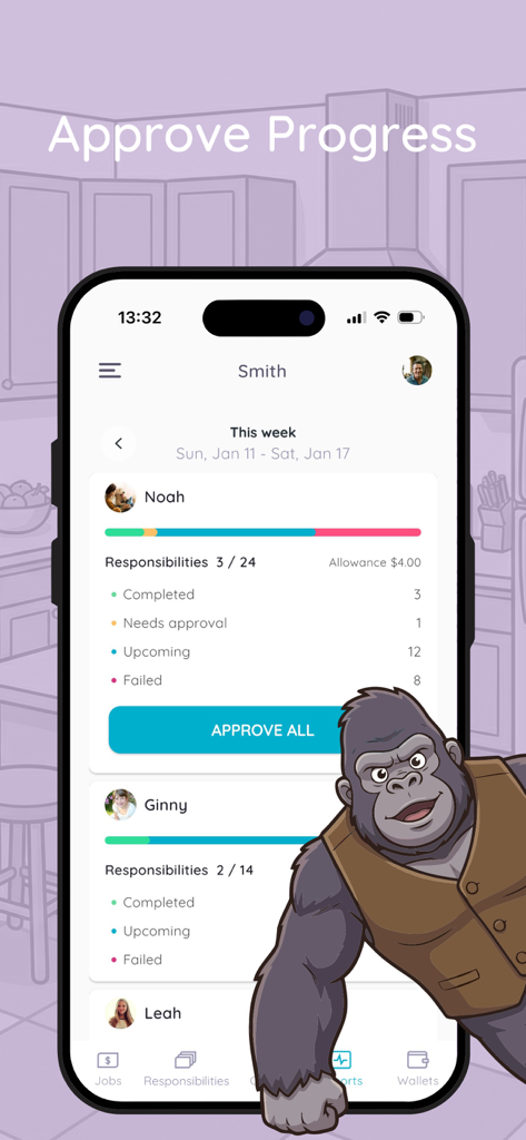 Homey - Chores and Allowance - Homey app interface showing chore progress bars and approval status for children