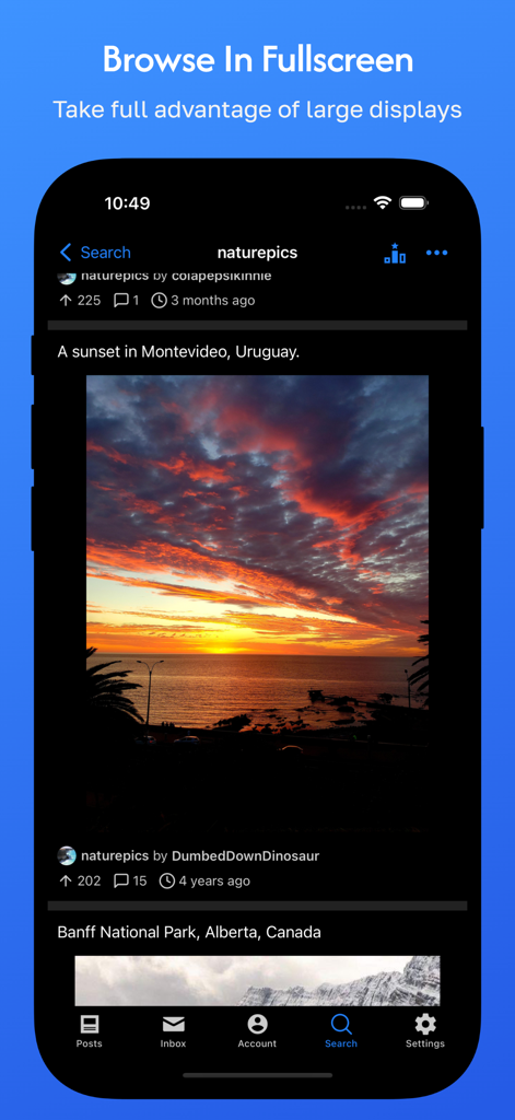 Hydra app interface showing a nature subreddit in fullscreen mode with dark theme