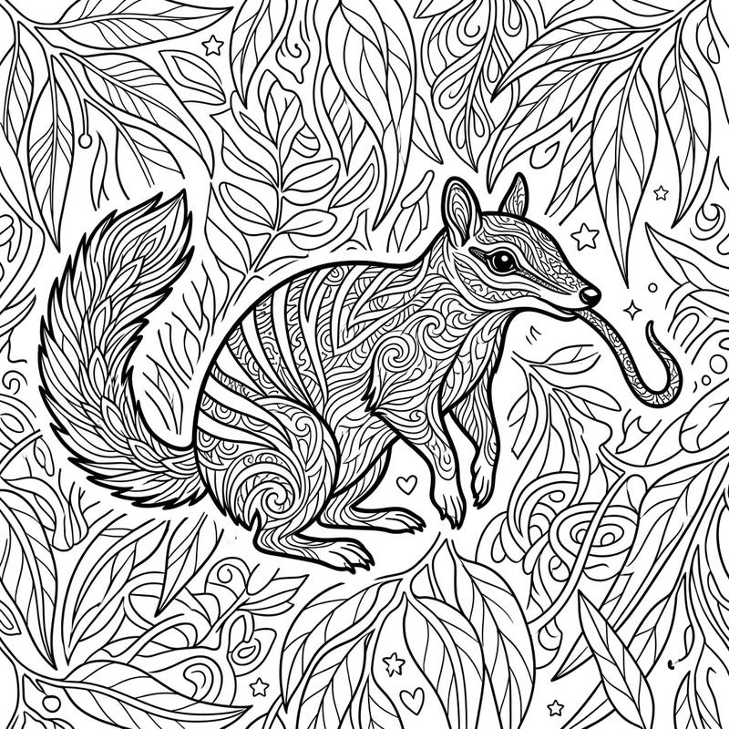 Immerse yourself in the captivating world of the numbat with this intricate coloring page designed for adults. Its detailed patterns and natural setting offer a unique and relaxing artistic escape.