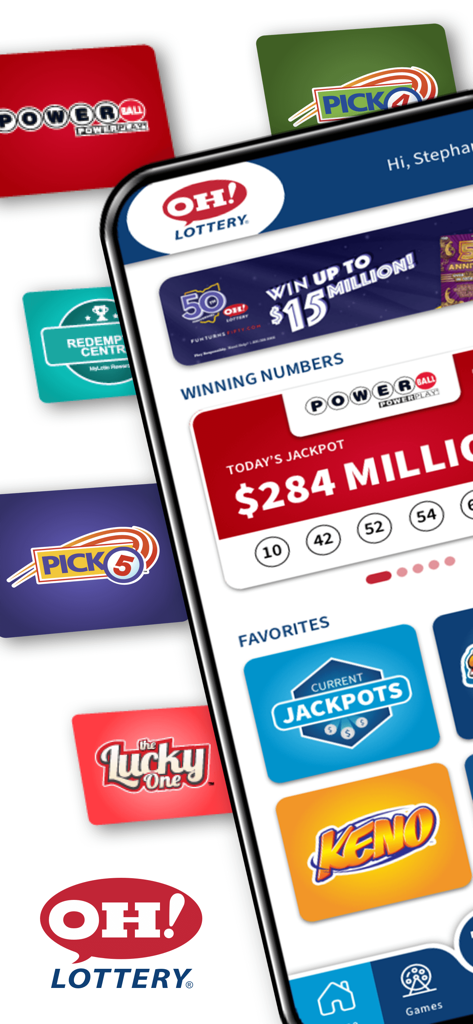 Official Ohio Lottery mobile app showing Powerball winning numbers and current jackpots