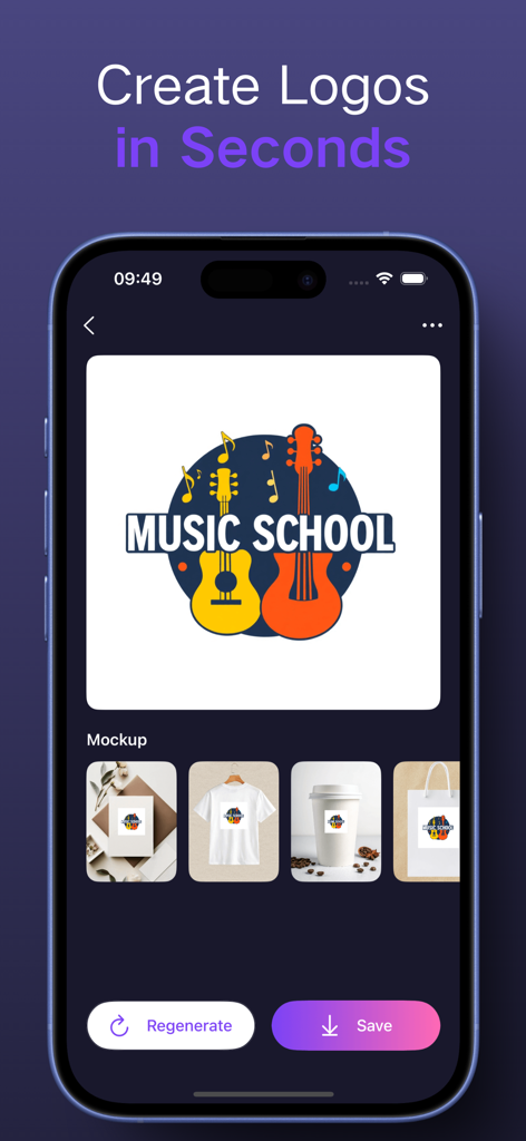 AI Logo Maker, Logo Generator - AI logo generator interface showing a music school logo and various product mockups