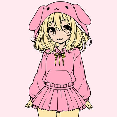 pretty anime girl wearing a fluffy hoodie with bunny ears on the hood and a skirt