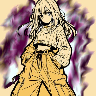 anime teen girl with baggy pants and crop top with sweater