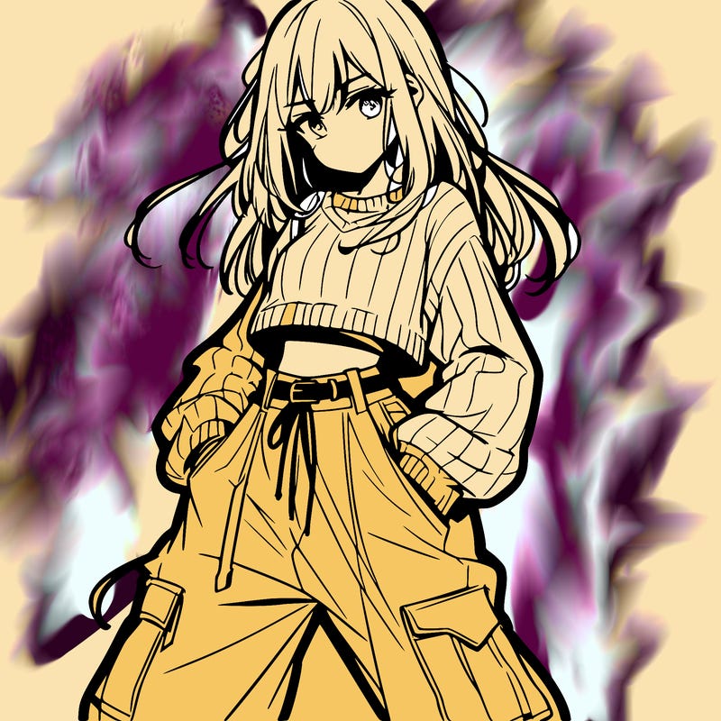 anime teen girl with baggy pants and crop top with sweater