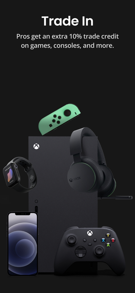 GameStop - Schermata promozionale dell'app GameStop per le permute che offre ai membri Pro un credito aggiuntivo del 10% su console ed elettronica.