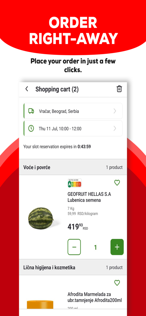 Interface do carrinho de compras da app Maxi Online a mostrar o endereço de entrega e o horário agendado