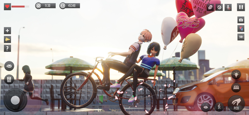 Anime Love Story Simulator - Two 3D anime characters riding a bicycle together with Valentine heart balloons in a sunny campus setting