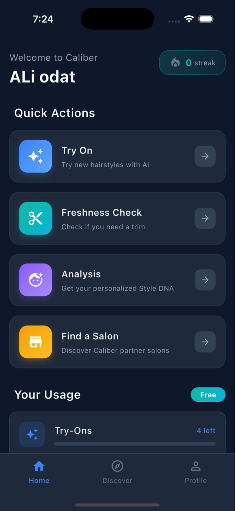 Caliber OS - The home dashboard of Caliber OS app with quick access to AI grooming and salon tools