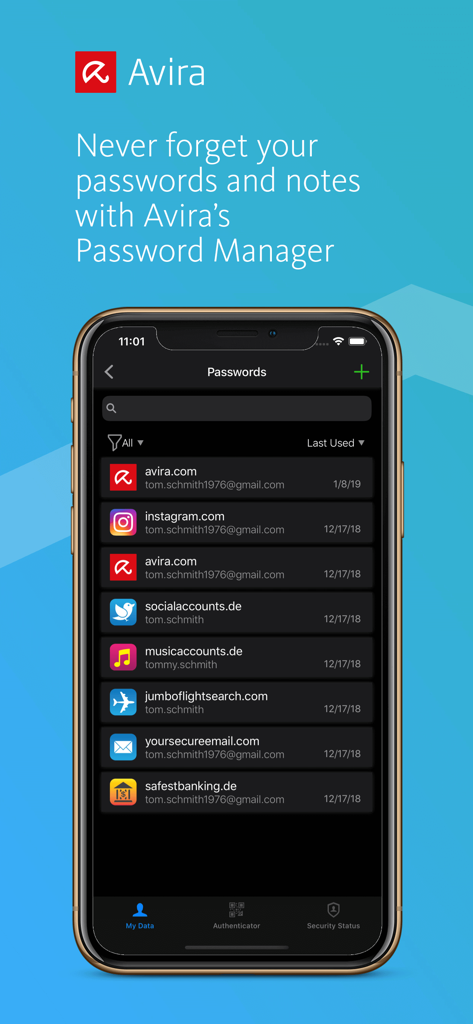 Avira Password Manager App-Oberfläche, die eine Liste gespeicherter Kontozugangsdaten auf einem Smartphone anzeigt