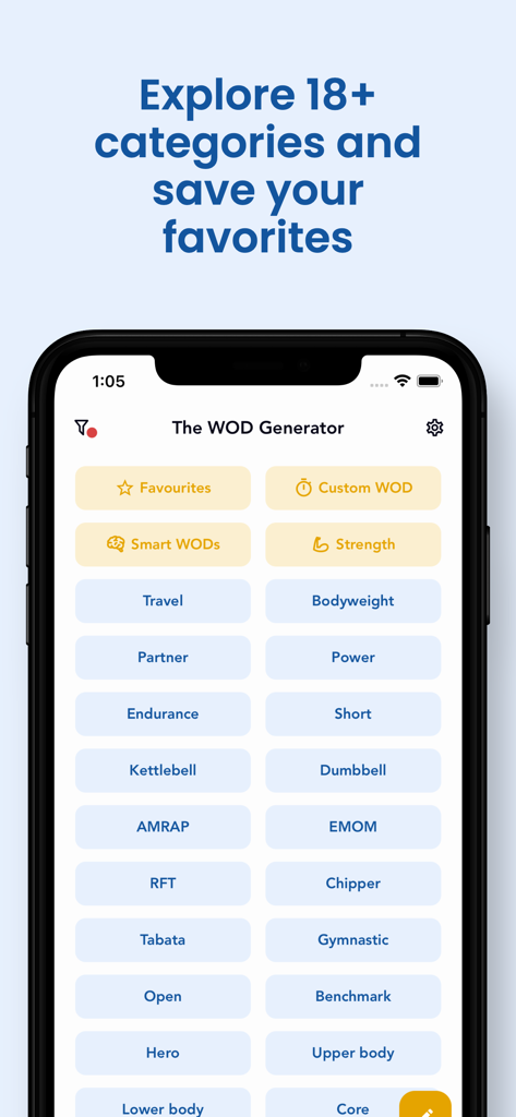 The WOD Generator: Workout - Smartphone screen displaying various workout categories in The WOD Generator app interface