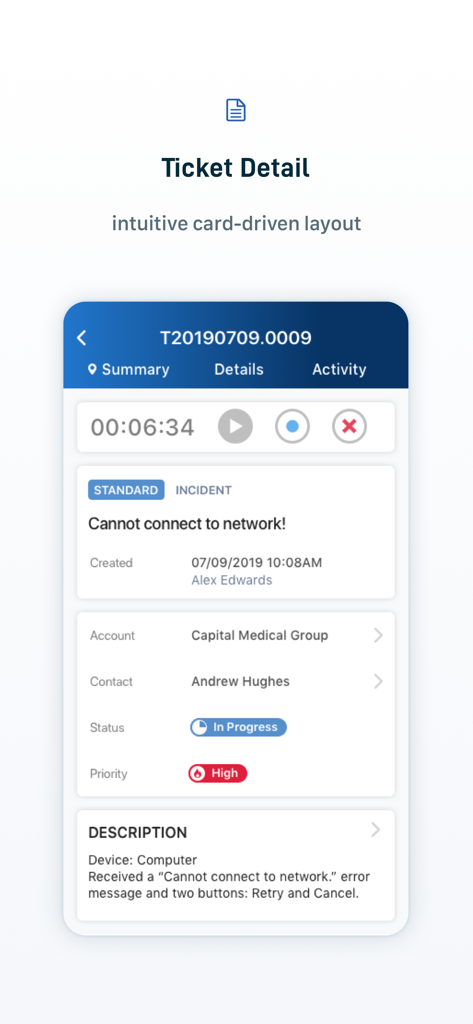 Autotask LiveMobile ticket detail screen showing incident details and task timer