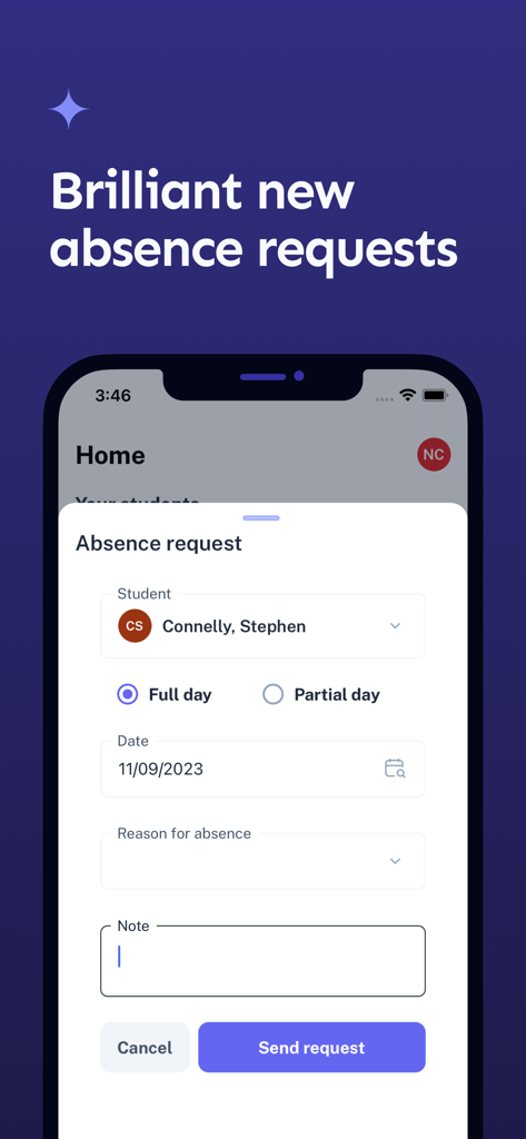 A mobile app interface for submitting a student absence request with fields for student name, date, and reason.