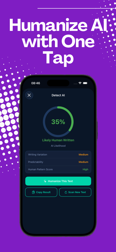 AI Humanizer & Detector - Interface do aplicativo móvel mostrando um resultado de detecção de IA de 35% rotulado como Provavelmente Escrito por Humano com um botão Humanizar Este Texto.